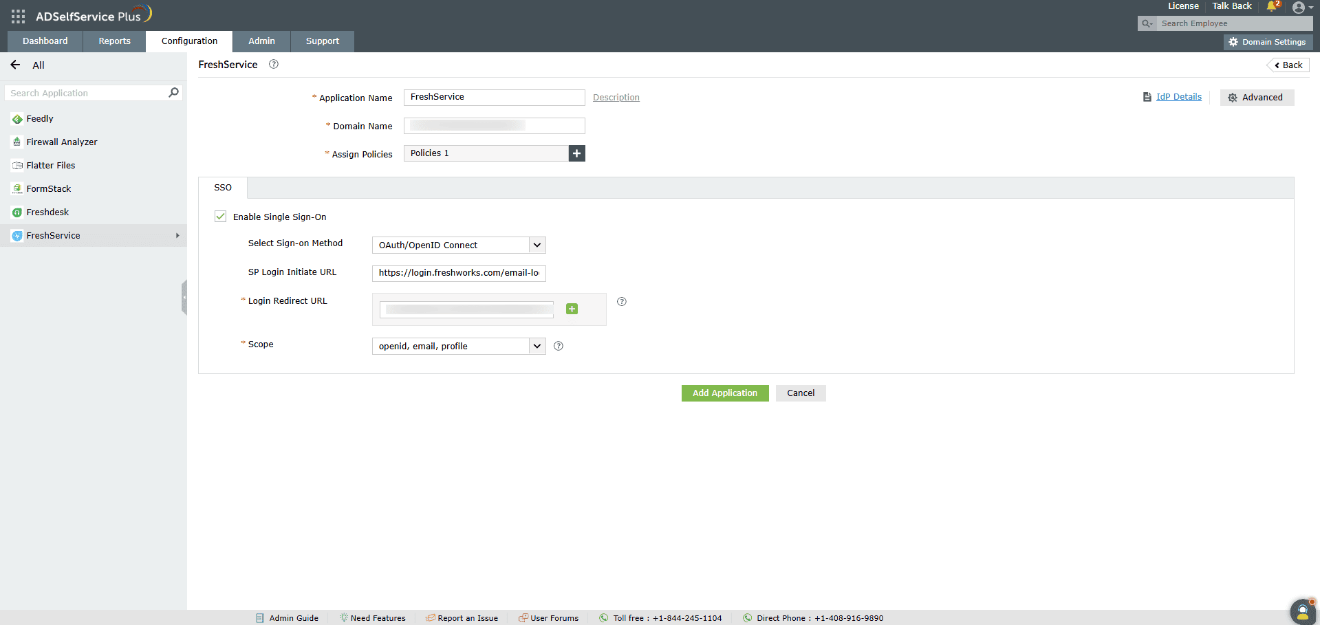Configuring SSO information for Freshdesk in ADSelfService Plus
				