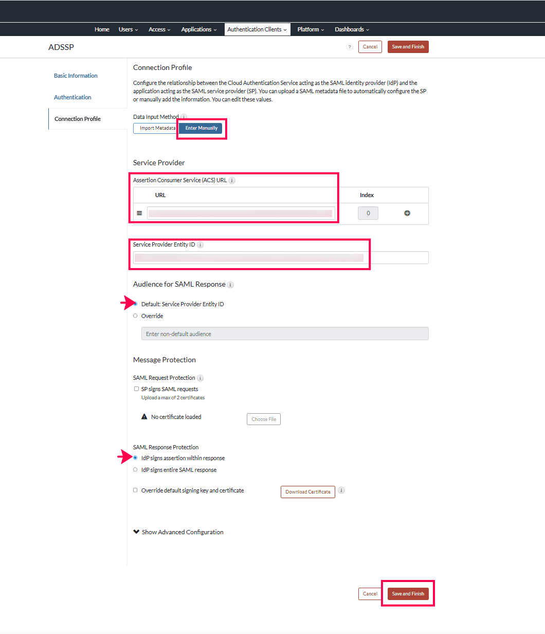 Manual SP configuration in RSA Cloud for ADSelfService Plus