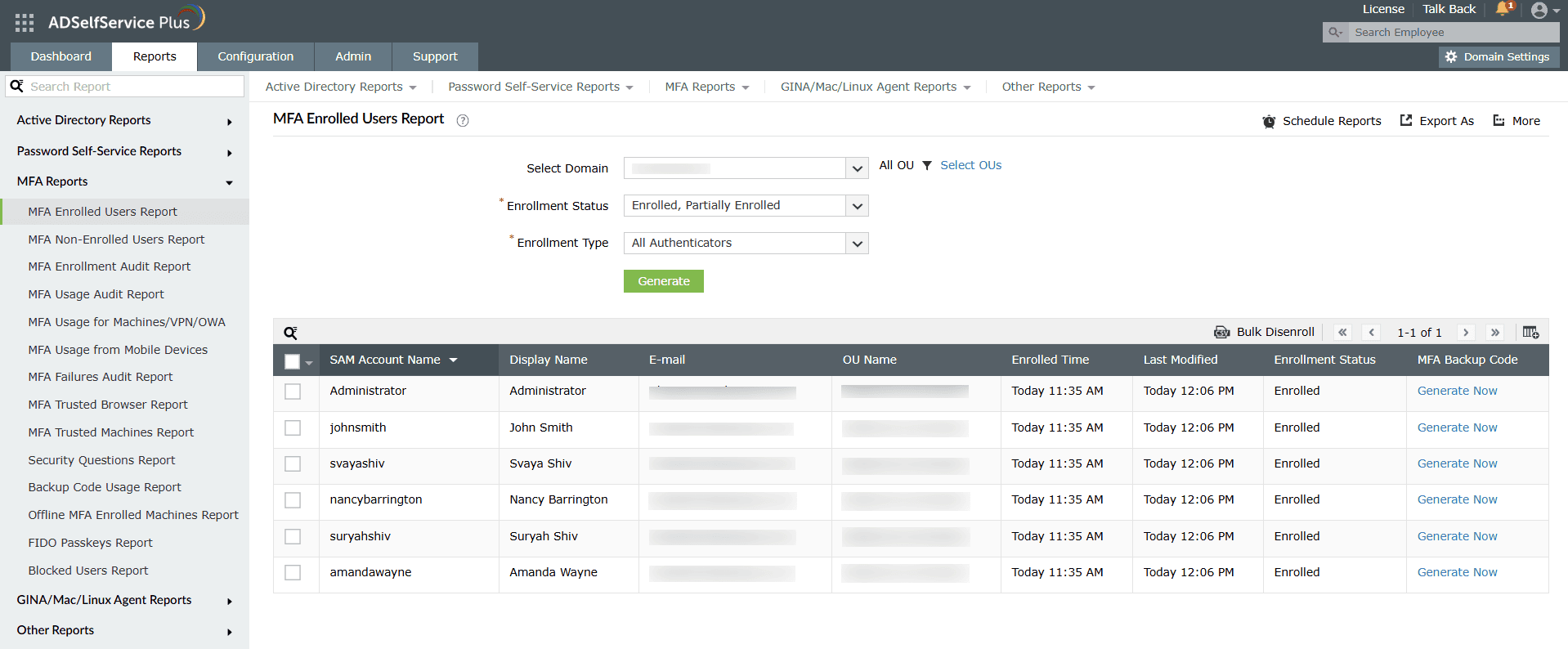 MFA enrolled users report in ADSelfService Plus