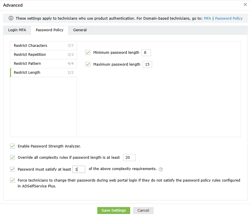 Password policy to restrict length in ADSelfService Plus
