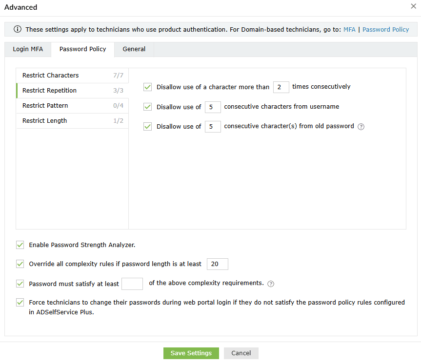 Password policy to restrict repetition in ADSelfService Plus