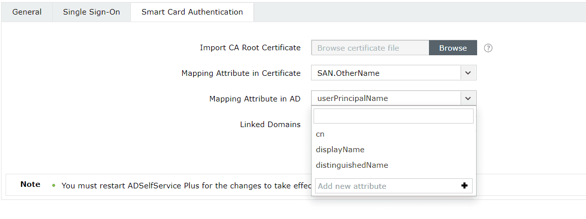 Passwordless logins to the ADSelfService Plus portal for specific domains using smart cards.