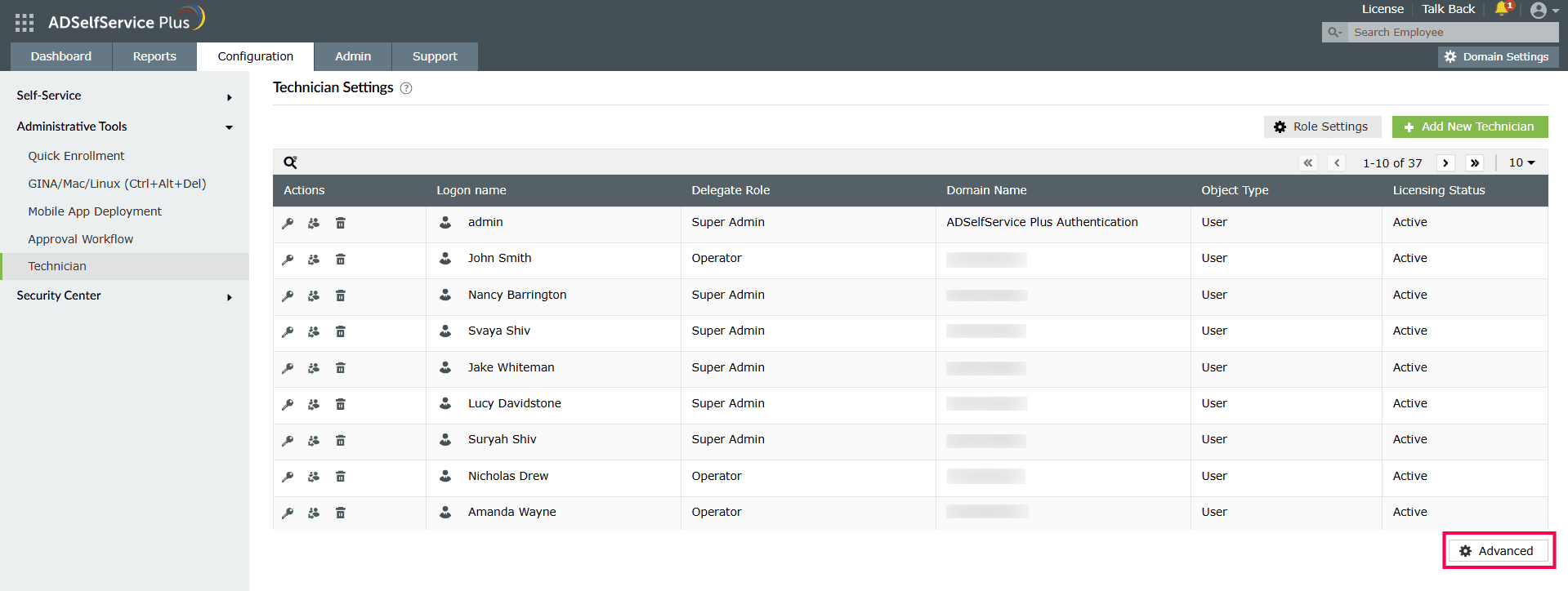 Technicians in ADSelfService Plus